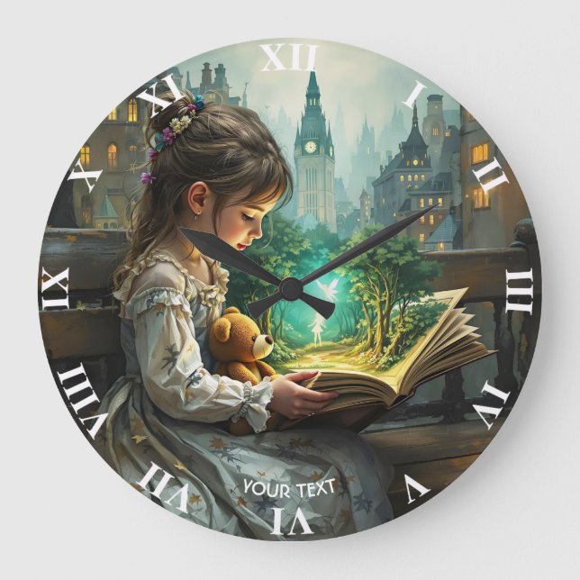 Fantasy Cute Young Girl Reading Stor Klocka (Framsida)