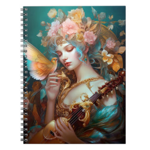 Fantasy Dam med Lute & Butterfly Bird Anteckningsbok