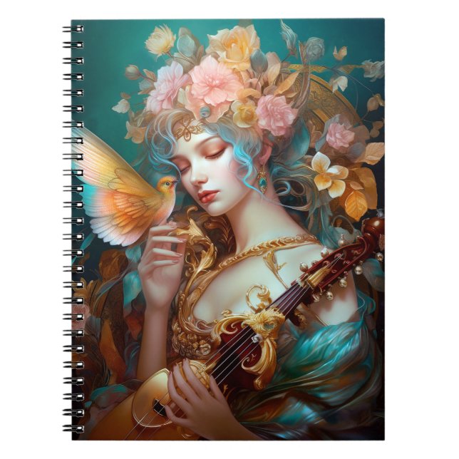 Fantasy Dam med Lute & Butterfly Bird Anteckningsbok (Framsidan)