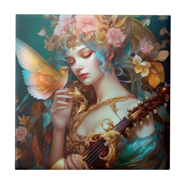 Fantasy Dam med Lute & Butterfly Bird Kakelplatta (Framsidan)