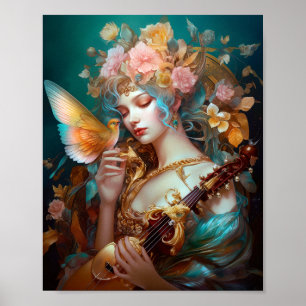 Fantasy Dam med Lute & Butterfly Bird Poster