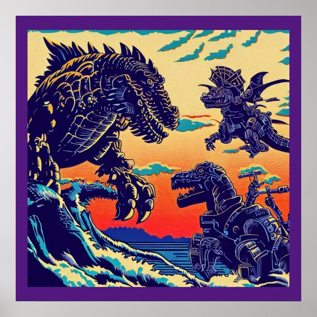 Fantasy Dinosaur Robots Anime - Woodcut 1 Poster (Framsidan)