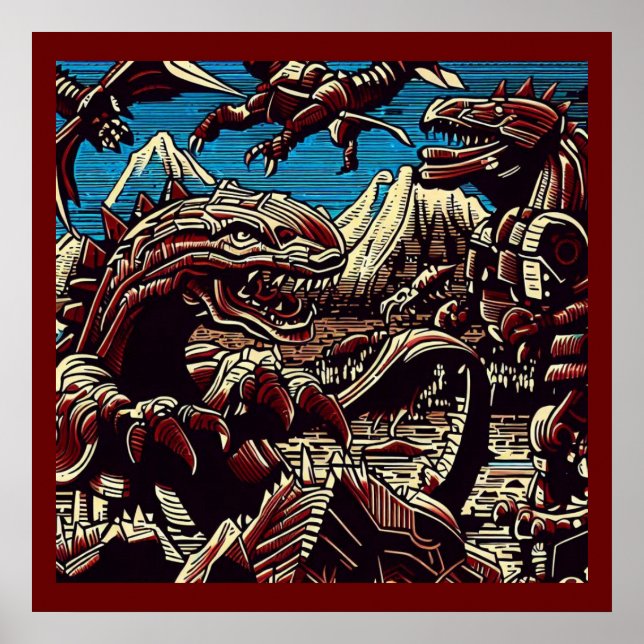 Fantasy Dinosaur Robots Anime - Woodcut 2 Poster (Framsidan)