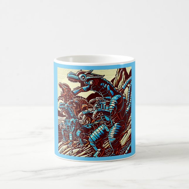 Fantasy Dinosaur Robots Anime - Woodcut 3 Kaffemugg (Center)