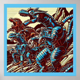 Fantasy Dinosaur Robots Anime - Woodcut 3 Poster