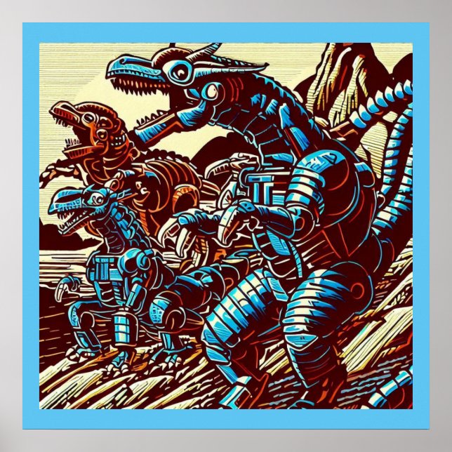 Fantasy Dinosaur Robots Anime - Woodcut 3 Poster (Framsidan)