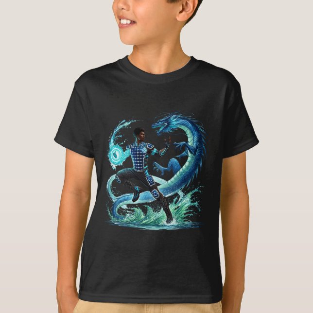 Fantasy Dragon African American Black Man Superher T Shirt (Framsida)