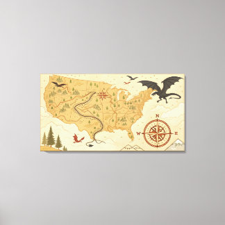 Fantasy Dragon Map of the USA – Vintage Adventure  Canvastryck