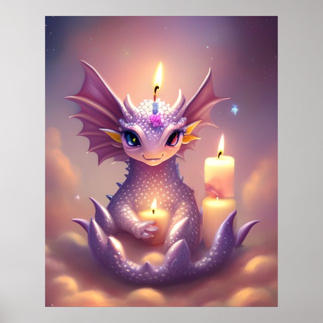 Fantasy Dragon med Birthday Candles Poster (Framsidan)