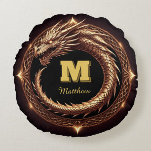 🐉 Fantasy Drak Ring Ram Custom Initial Märke Rund Kudde
