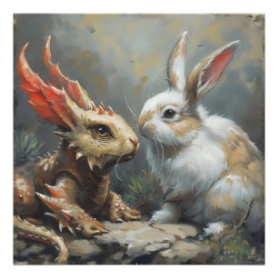 Fantasy Drakon och Kanin Fototryck