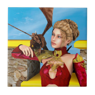 Fantasy Drakprinsessa Digital Konst Kakelplatta