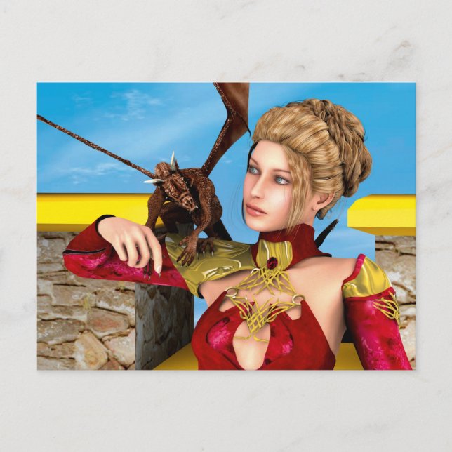 Fantasy Drakprinsessa Digital Konst Vykort (Framsida)