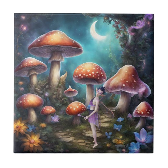 Fantasy Dream World Fairy and Mushroom Kakelplatta (Framsidan)