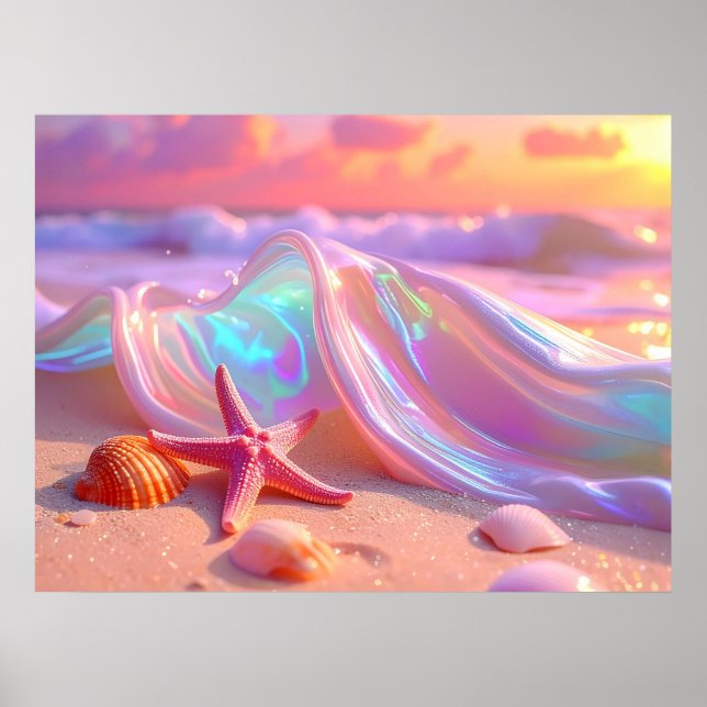 Fantasy Drömstrand Med Vacker Rosa Sjöstjärna  Poster (Framsidan)