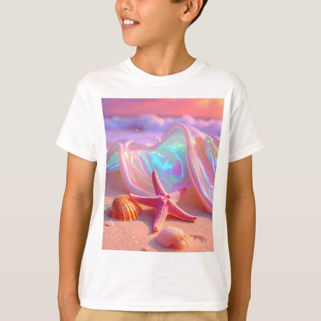 Fantasy Drömstrand Med Vacker Rosa Sjöstjärna  T Shirt (Framsida)