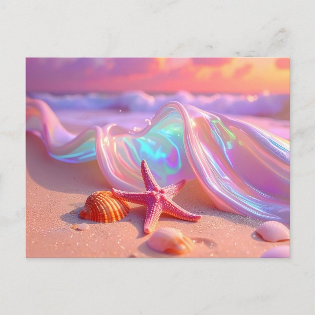 Fantasy Drömstrand Med Vacker Rosa Sjöstjärna  Vykort (Framsida)