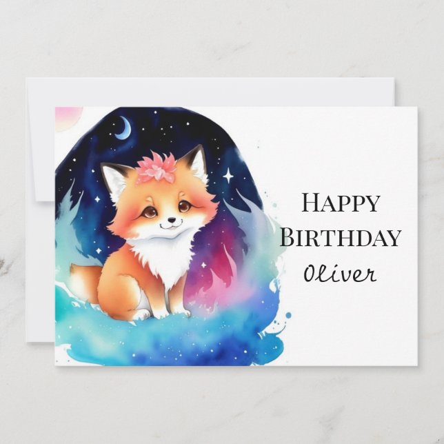 Fantasy Editable Fox Birthday Kort (Framsida)
