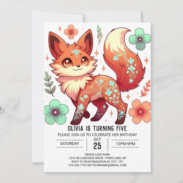 Fantasy Editable Fox Digital Birthday Inbjudningar (Framsida)