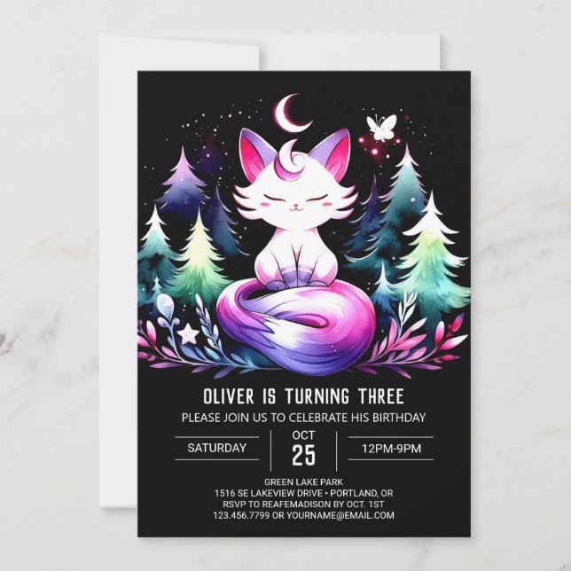 Fantasy Elegant Cat Birthday Inbjudningar (Framsida)