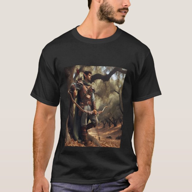 Fantasy Elf Archer Resting in Enchanted Oak Forest T Shirt (Framsida)