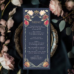 Fantasy Enchanted Blommigt Garden Wedding Meny<br><div class="desc">Den här eleganten, finstilt, Fantasy Enchanted Blommigt Garden-designen är perfekt för ett förtrollat skogstemat firande eller en trädgård party. Den här designen har rosa och röd blommigt inslag i ram i grönt löv och guld accents mot blå bakgrund. Matcha objekt i vår butik för ett helt tema i party. Det...</div>