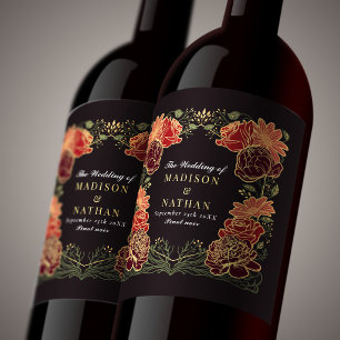 Fantasy Enchanted Röda Blommiga Bröllop Vinflaska Etikett