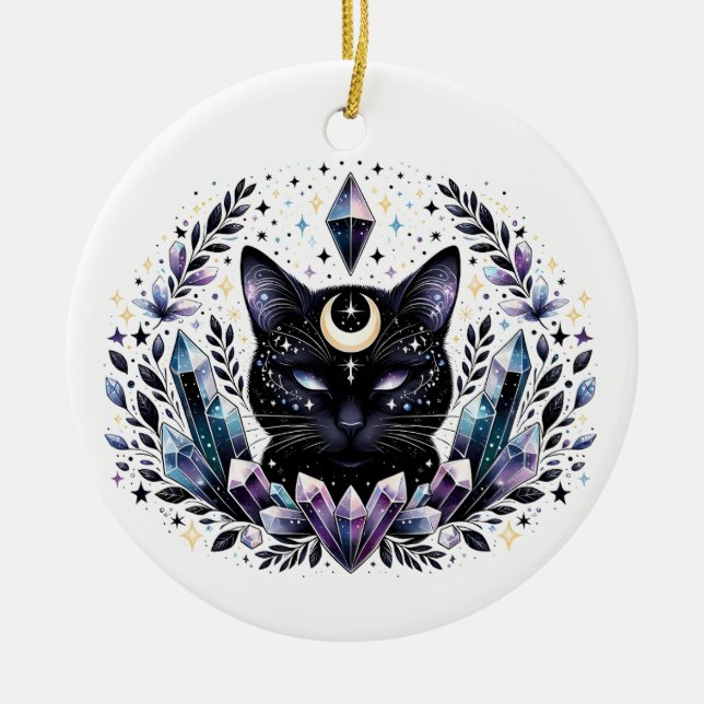 Fantasy Esoteric Crystal Black Cat Julgransprydnad Keramik (Framsidan)