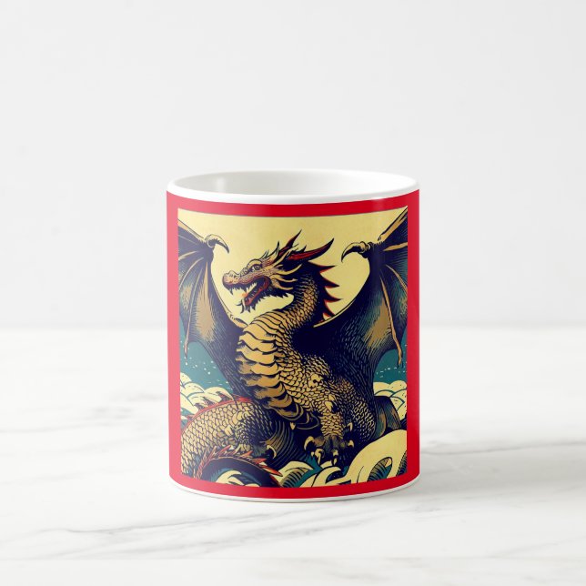 Fantasy European Dragon - Woodcut 1 Kaffemugg (Center)