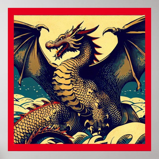 Fantasy European Dragon - Woodcut 1 Poster (Framsidan)