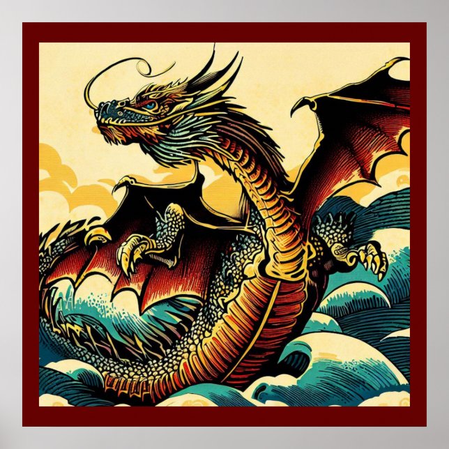 Fantasy European Dragon - Woodcut 2 Poster (Framsidan)