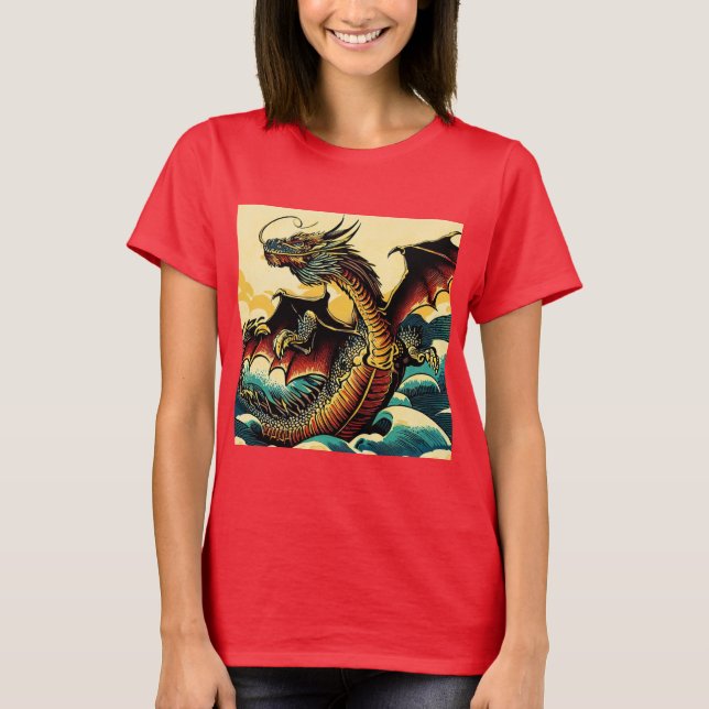 Fantasy European Dragon - Woodcut 2 T Shirt (Framsida)