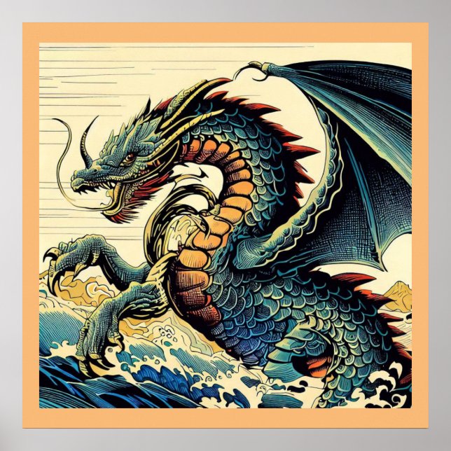 Fantasy European Dragon - Woodcut 4 Poster (Framsidan)