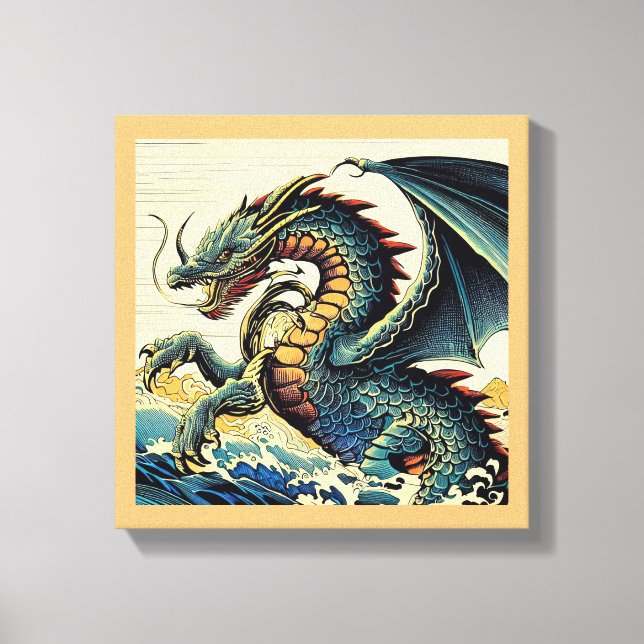 Fantasy Europeisk Drak - Träsnitt 4 Canvastryck (Framsida)