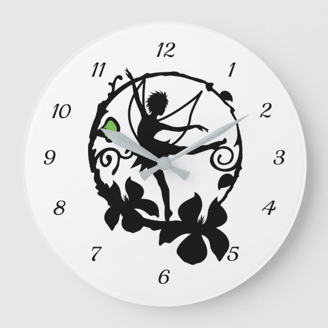 Fantasy Fairy Dancing Black White Silhouette Stor Klocka (Framsida)