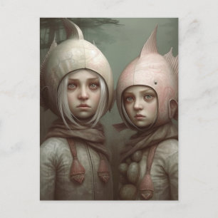 Fantasy Fairy Tale Children with Fish Hats Vykort