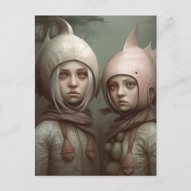 Fantasy Fairy Tale Children with Fish Hats Vykort (Framsida)