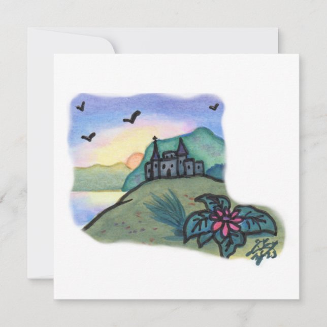 Fantasy Fantress Castle Life för vattenfärgsmålnin Inbjudningar (Framsida)