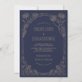Fantasy Floral Navy Blue Gold Enchanted Wedding Inbjudningar