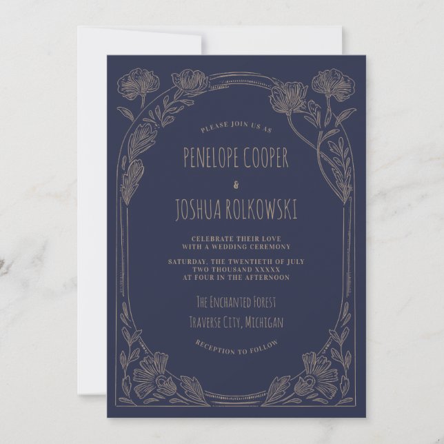 Fantasy Floral Navy Blue Gold Enchanted Wedding Inbjudningar (Framsida)