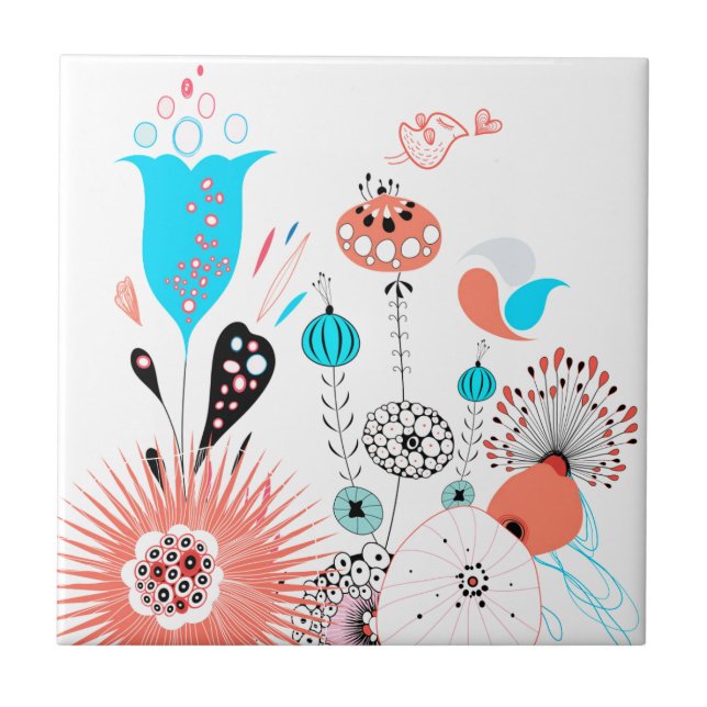 Fantasy Flowers och Birdie Kakelplatta (Framsidan)