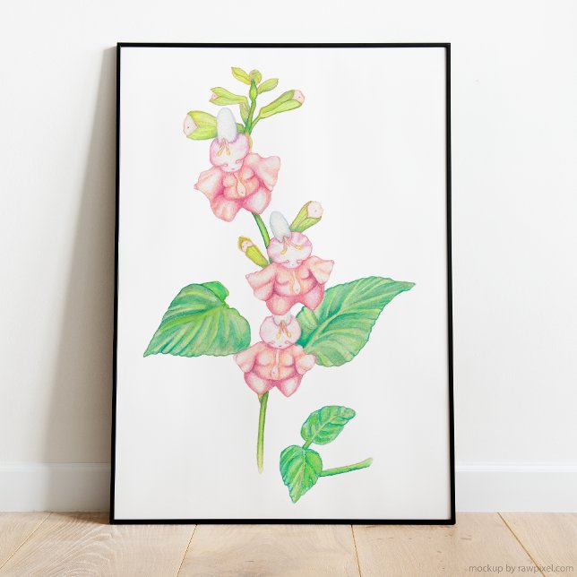 Fantasy Flowers Rosa Buds Watercolor Poster (magical watercolor illustration featuring three darling pink flower beings on a vibrant green stem)
