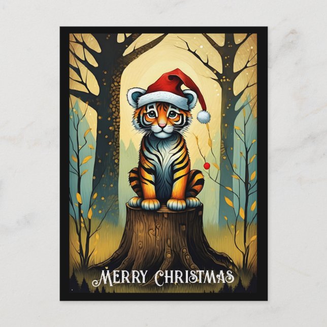 Fantasy Forest Cute Santa Baby Tiger jul Vykort (Framsida)