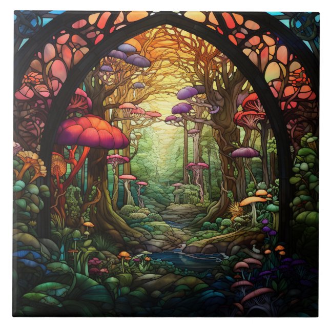Fantasy Forest Färgat Glas  Kakelplatta (Framsidan)