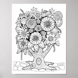 Fantasy Forest Flower Träd Coloring Page Art Poster