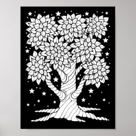Fantasy Forest Starry Night Träd Coloring Page Art Poster