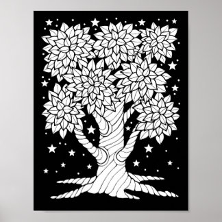 Fantasy Forest Starry Night Träd Coloring Page Art Poster