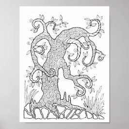 Fantasy Forest Träd Spiral Coloring Page Art Poster