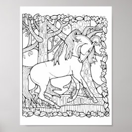 Fantasy Forest Träd Unicorn Coloring Page Art Poster