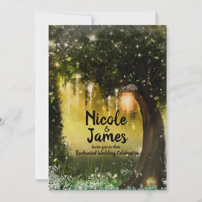 Fantasy Förtrollad Grön Glitter Skog Bröllop Inbjudningar (Framsida)